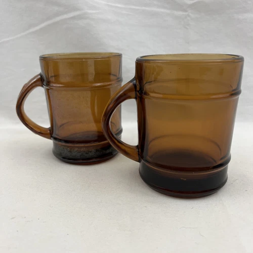 Vintage FIRE KING 2x Lot Brown AMBER Glass BARREL Cup Mug Anchor Hocking