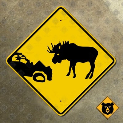 Newfoundland Canada moose warning wrecked car highway marker road sign 16x16