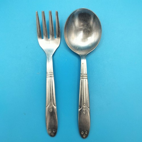 Vintage Sanitoy Child’s Spoon & Fork Set Stainless Steel Korea Kids Flatware