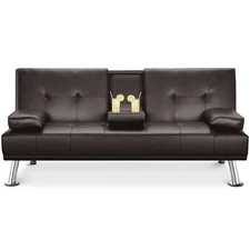 Faux Leather Futon Sofa Bed with Cup Holders & Pillows, Espresso