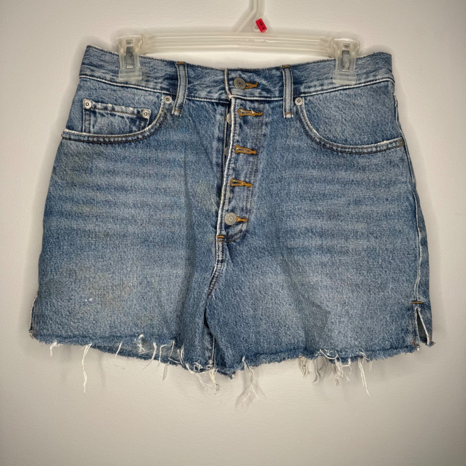 Lucky Brand Traveler Shorts Womens 8/29 Blue Denim High Rise Button Fly Raw Hem