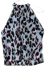 SHEIN HALTER STYLE BLOUSE ladies size L light blue black pink floral lightweight