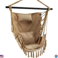 Tangkula Hammock Chair, Hanging Rope Swing with Head Pillow, 2 Cushions, Side