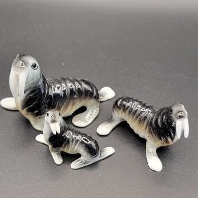 Vintage 3pc Lot Glossy Miniature Figurines Walruses Walrus Bone China Japan