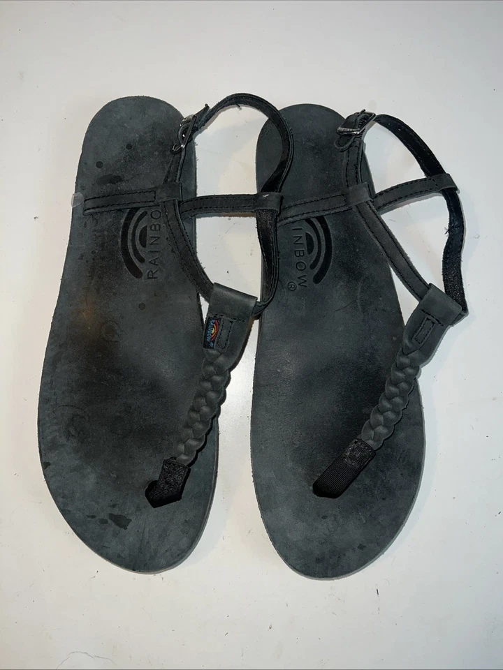 Rainbow 女式 T 型带凉鞋调情编织黑色皮革 XL (8.5-9.5) — 第 3/4 张图片