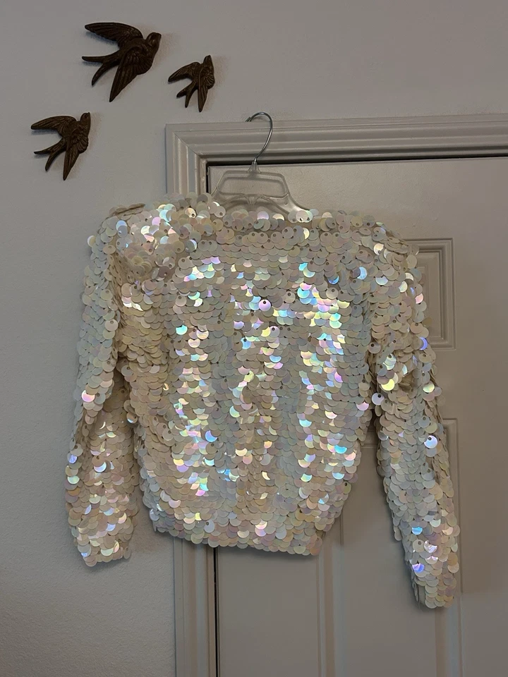 Suéter Cárdigan Norma Kamali Vintage ~ Lentejuelas Iridiscentes Grandes Lana de Cordero ~ Med Foto 4 de 4