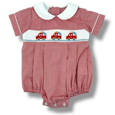 Edgehill Collection Gingham Firetruck Smocked Bubble Romper Baby Boys Sz 6 Mos