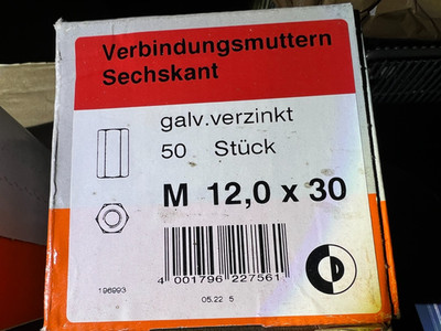 50 Stück Dresselhaus Langmuttern sechskant M12x30 verz. Mutter / H2BReg1