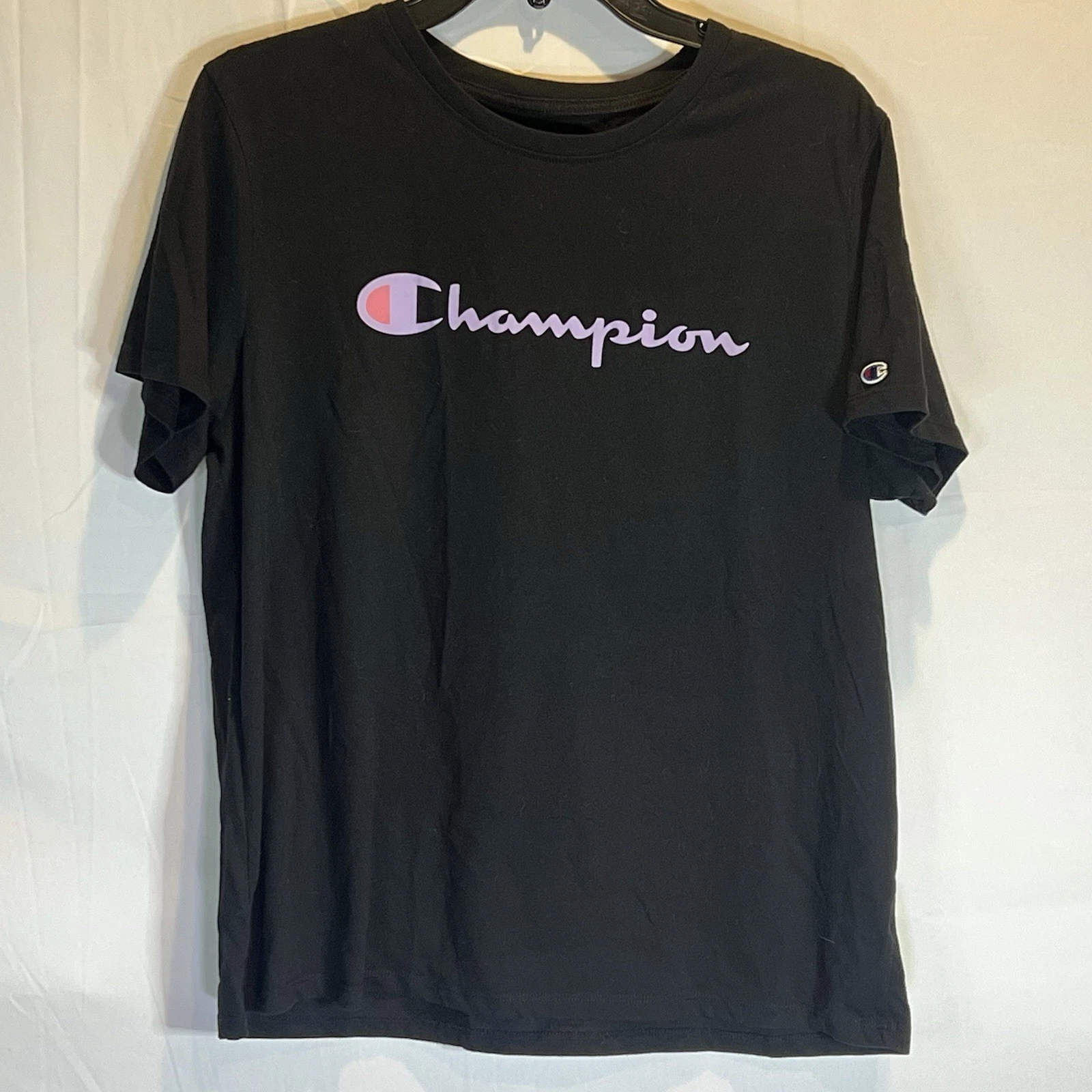 Women’s Black Large Champion Shirt With Purple Logo Athletic Sporty Workout