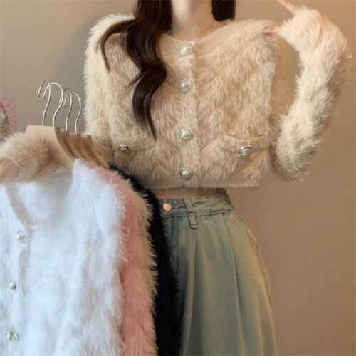 Knitted Cardigan Women Autumn Winter Round Neck Slim Short Plush Sweater Tops