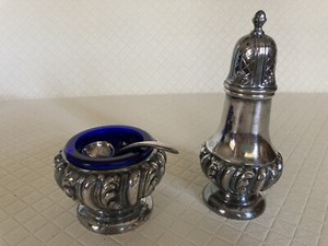 Antique Silverplate Salt Cellar,Spoon,Cobalt Glass Liner &Shaker WB MFG Co 3852