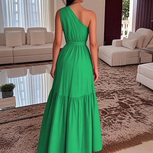 Women Solid One Shoulder Ruffle Swing Maxi Dress Party Holiday Sundress Size6-12 - Picture 8 of 19