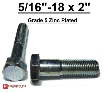5/16-18 x 2'' (PT) Hex Bolt Zinc Plated Grade 5 Cap Screw Coarse Thread