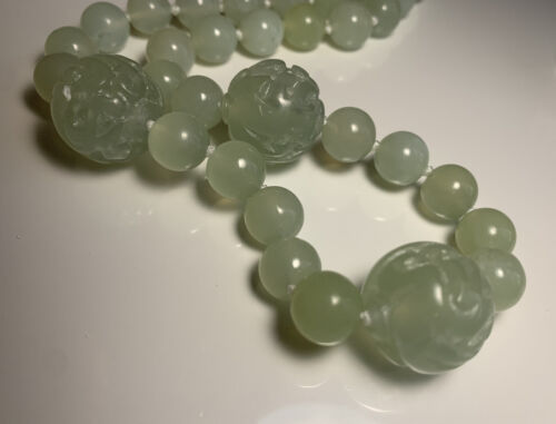 Antique Hand Carved Celadon Jade Chinese Shou Court Necklace - Picture 4 of 5