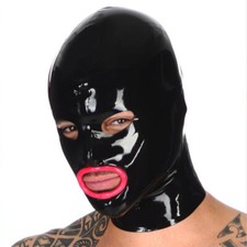Latex Hood with Open Eyes and Crimping Mouth Back Zipper Rubber Mask Club Wear