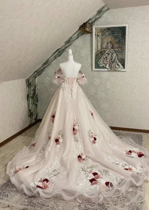 Vestidos de noiva rosa vintage sem alças meia manga renda 3D florais vestidos de noiva - Imagem 3 de 4