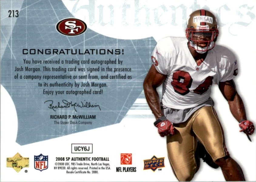 A9670- 2008 SP Authentic #213 Josh Morgan RC Auto /1199 SAMPLE - Image 2 of 2