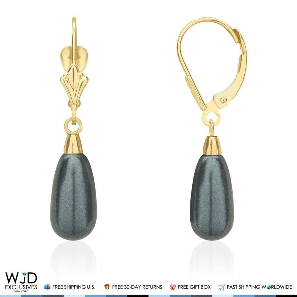 14K Yellow Gold Teardrop Pearl Leverback Drop Earrings - Image 3 of 4