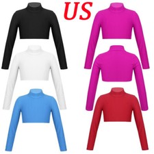 Girls Long Sleeve Crop Tops Shirt Turtle Neck Gym Dance Yoga Workout Tops