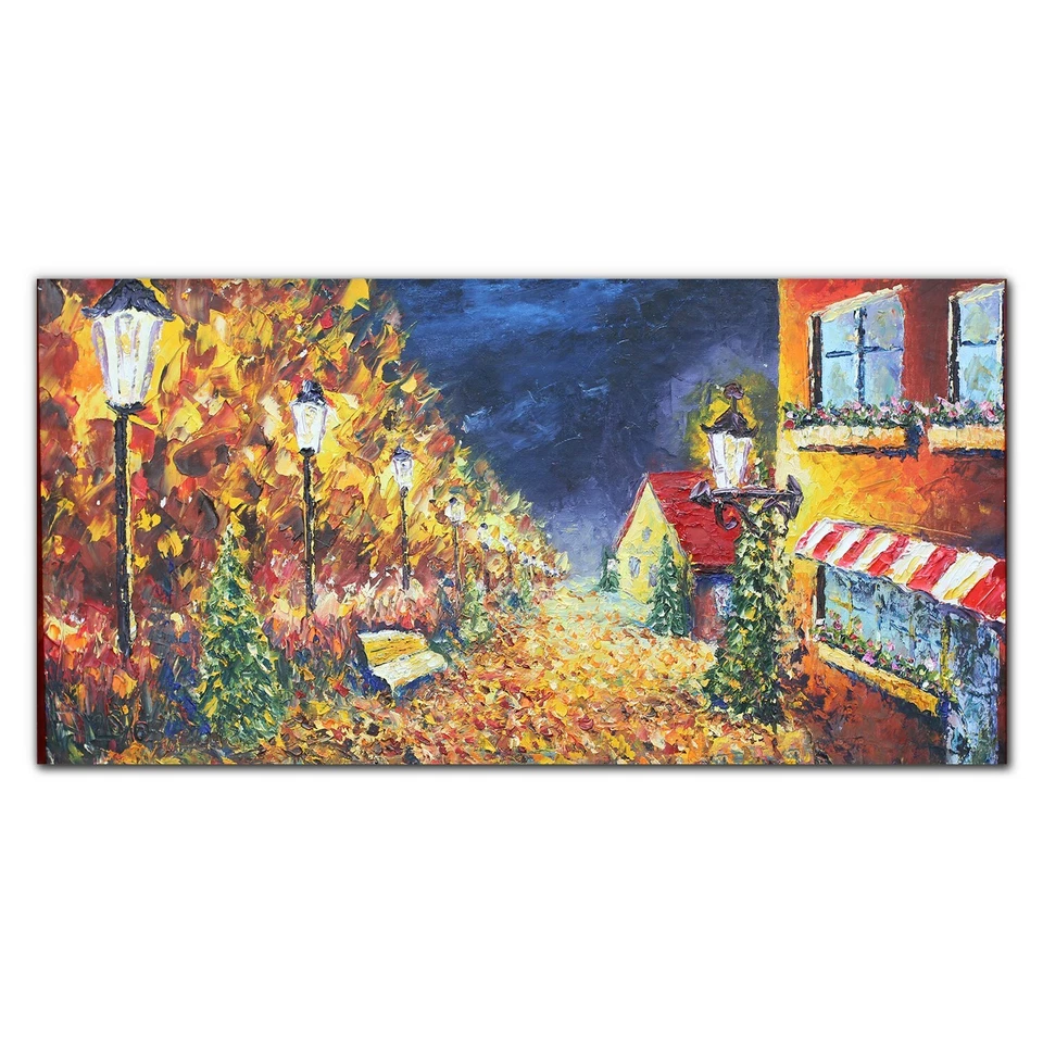 Druck auf Glas Wandbild Glasbilder 120x60 Gemälde Stadt Park Bäume Bank Herbst - Bild 4 von 4