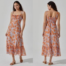 NEW ASTR The Label RETRO Blue & Orange FLORAL Ruffle Hem SLIT Midi DRESS S
