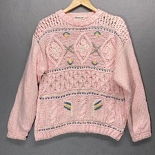 Vintage Sweater Womens Medium Pink Hand Knit Cottage 90s Cabin Granny