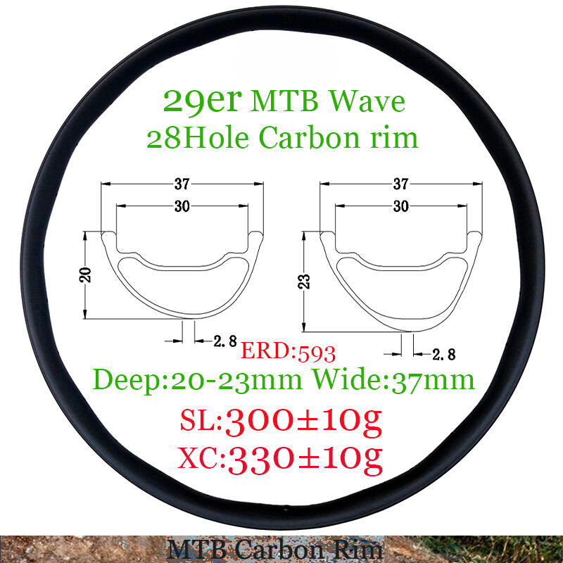 29er XC Mountain Bike Carbon Fiber Wavy Rims 28 32 36H Asymmetric