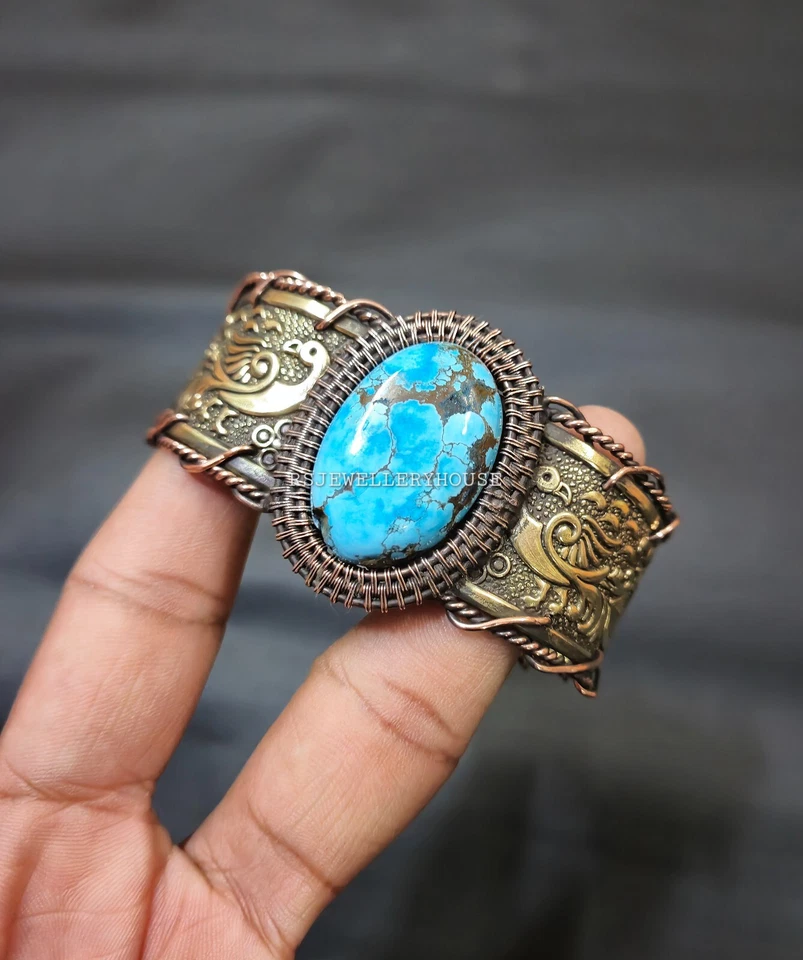 藏族绿松石双色手镯铜线包装可调节袖口手链 — 第 4/4 张图片