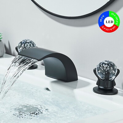 LED Black Widespread Bathroom Sink Faucet 3 Holes 8''Crystal Handwheel Mixer Tap