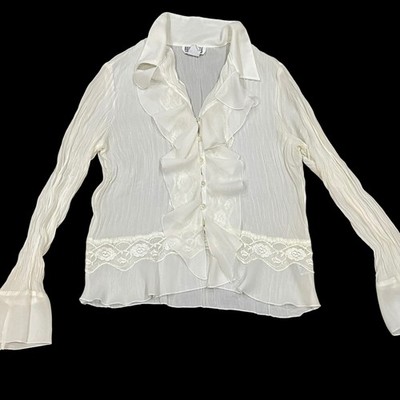 Robbie B's Y2K Vintage Cream Sheer Ruffle Lace Romantic Blouse Fairycore Large