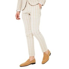 NWT Boohoo Tan Plaid Skinny Seersucker Belt Loops Dress Trousers Tailored Fitted