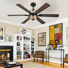 52" Ceiling Fan Tiffany Glass Shade Chandelier 6 Blades/Speed Brown Black Remote