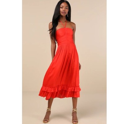 Lulus Pleasing Chicness Red Satin Halter Tiered Midi Dress Ruffle Hem Size M