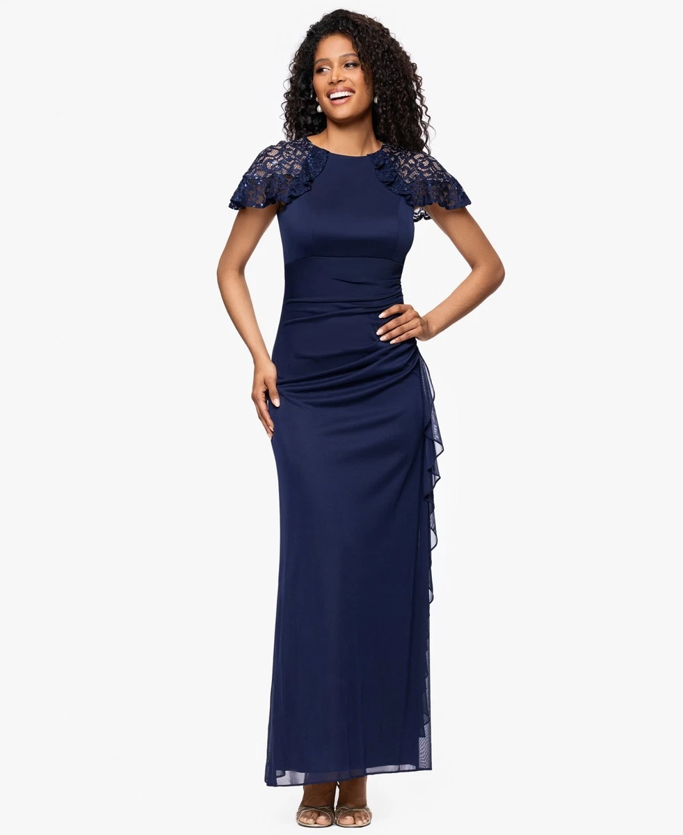 betsy and adam blue evening dress Celeste Long Embroidered Chiffon Gown Black/Gold / 14 main image 0