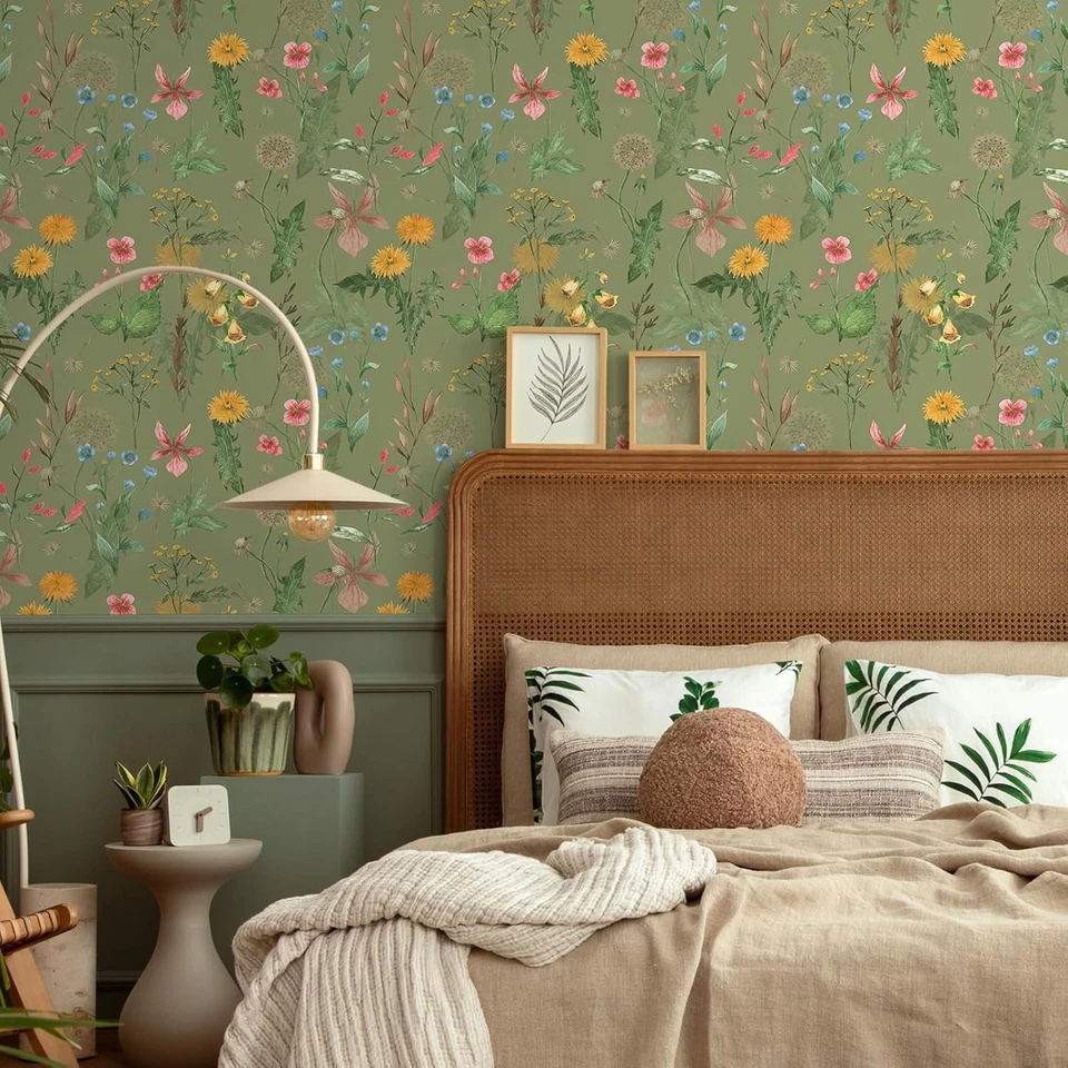 Papel Pintado Flor Salvaje VEELIKE Pelar y Pegar Vintage 17,7 x 118", Verde Foto 2 de 4