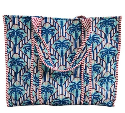 100% Cotton Blue Tropical Palm Handblock Printed Quilted Shoulder  Tote Bag