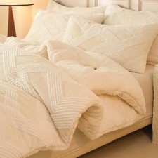 Tufted Boho Comforter Set Queen - White Fluffy Sherpa Bedding Set, Soft Fuzzy...