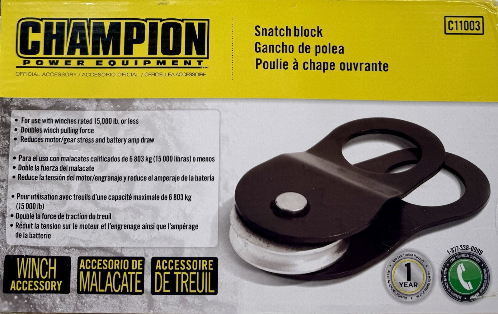 Polea de cabrestante Champion C11003 Snatch Block 15.000 lb — doble fuerza de tracción - nueva en caja