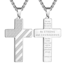 Silver Cross Necklace for Boys Men Pendant Chain Stainless Steel American Fla...