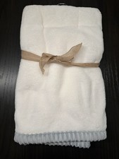 NEW Chick Pea Plush Baby Blanket Ivory Cream Blue Gray Ribbed Trim 30x36 Soft