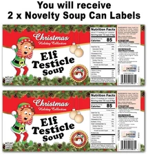 2 Funny Christmas Elf Testicle Soup Can Labels - Gag Joke Elves - GREAT FUN GIFT