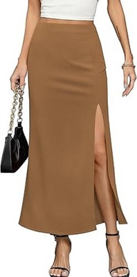 Missufe Damen Maxirock Sommer Elegant Mit Hohem Bund Und Schlitz Khaki M