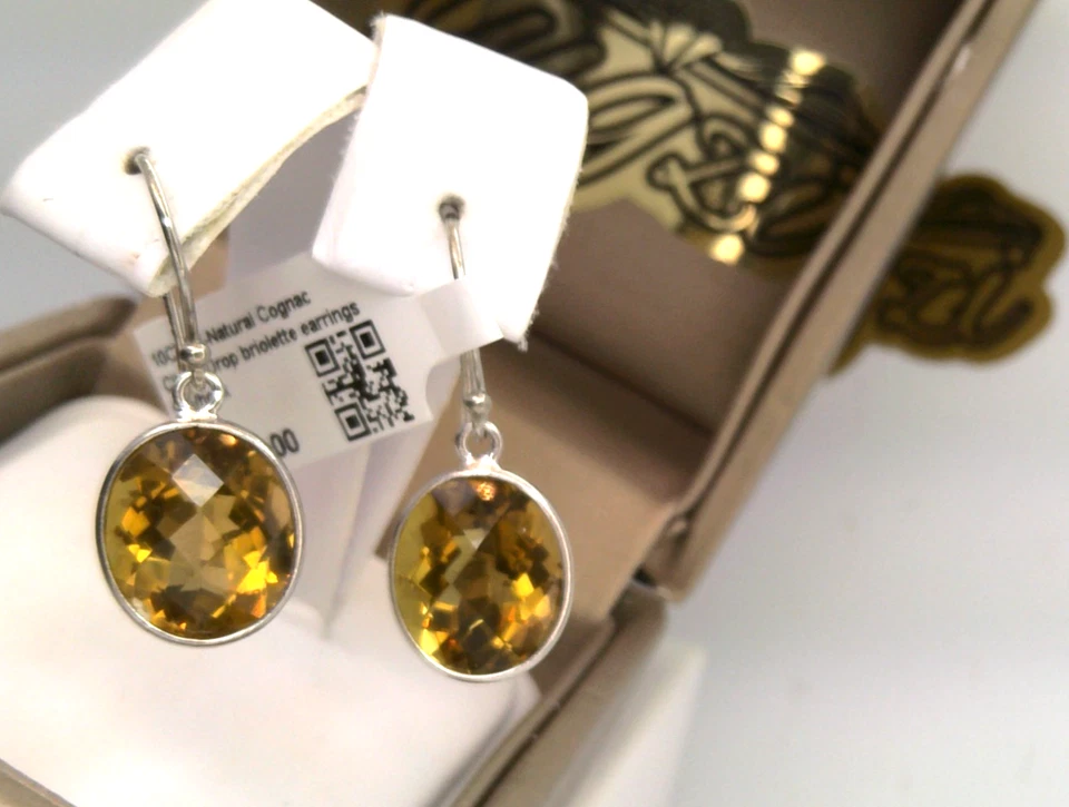 💥 $299- 10 克拉 TW COGNAC 黄水晶垫 12 毫米悬垂坠挂耳环 925 💥 — 第 3/4 张图片