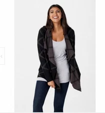 H by Halston Double Faced Plaid Open Front :Long Sleeve Cardigan Sweater Black L