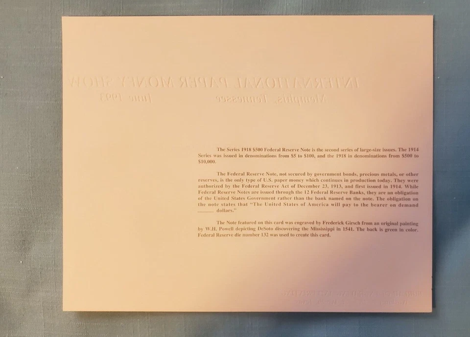 INTL. PAPER MONEY SHOW "MEMPHIS TN." $500 SOUVENIR CARD JUNE 1993 LOOK!! - Image 2 of 2