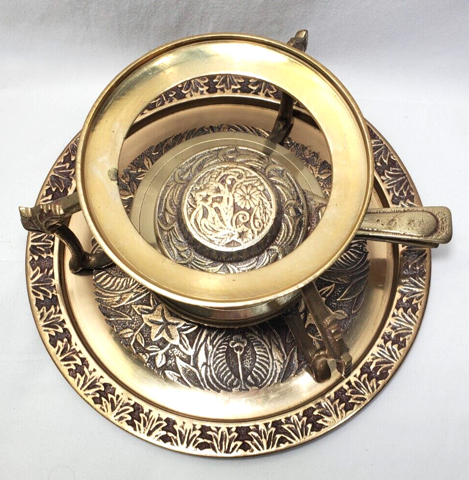 Vintage Brass Korean Fondue Set 6 Piece Floral Pattern