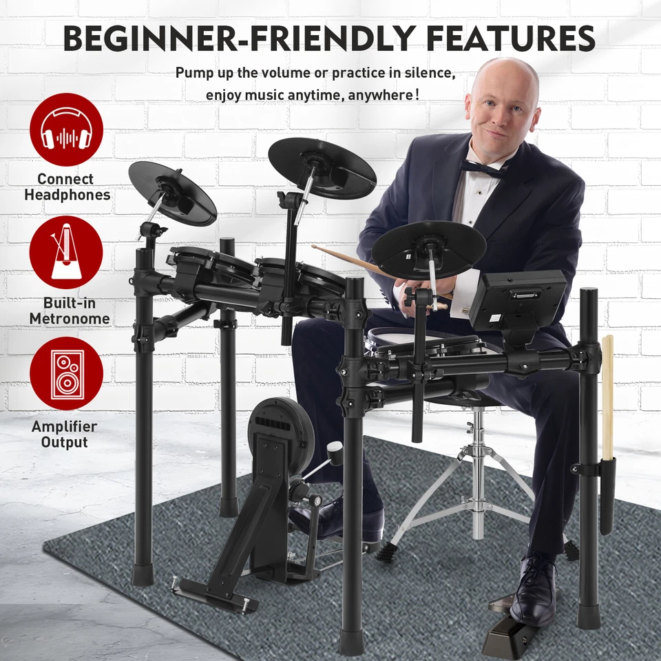 Electric Drum Set Mesh Pads Dual Zone Snare w/ USB MIDI, 2 Pedals, Headphone - Image 4 of 4