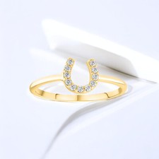14K Solid Gold Diamond Horseshoe Ring, Elegant Diamond Statement Ring for Her