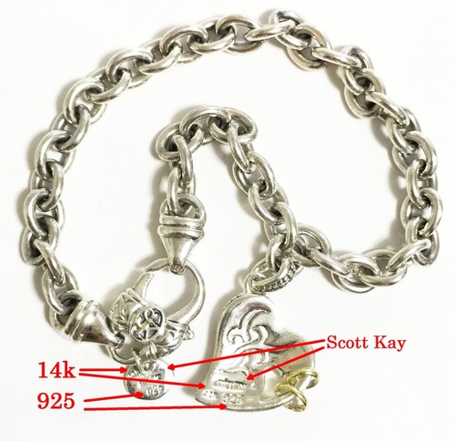 SCOTT KAY 7.5" 16g Sterling Silver Heart 14k Gold Rings Charm Bracelet Women NWT - Picture 11 of 14