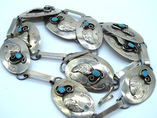 Vintage Native American Turquoise Sterling Silver Concho Belt 38"